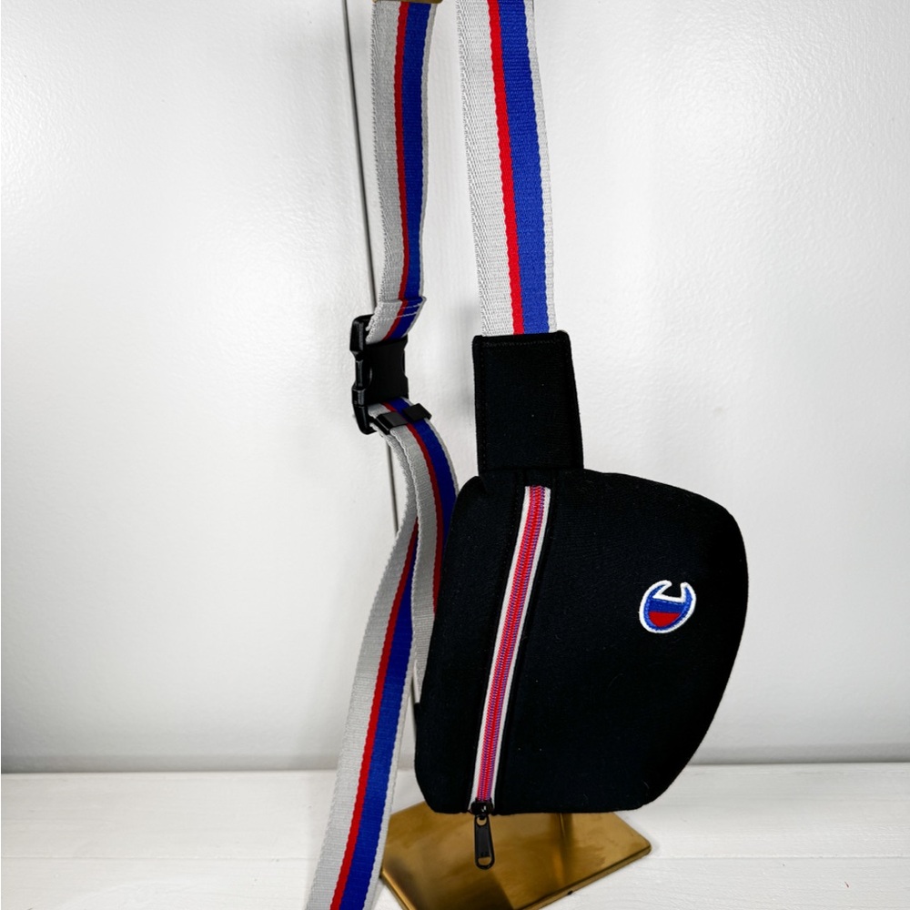 Champion Logo Belt Bag / Fanny Pack Black Red White Blue Stripe Adj Crossbody
